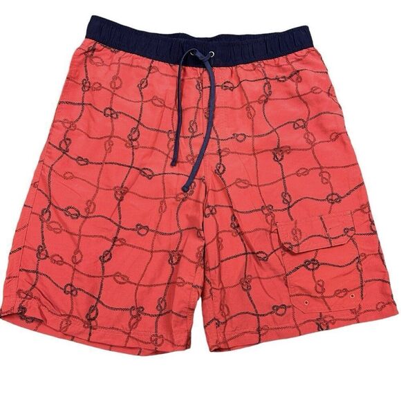 LL Bean Swim Trunks Mens‎ Sz Medium Lined Shorts Red Drawstring 9” Inseam Knots - Picture 1 of 9